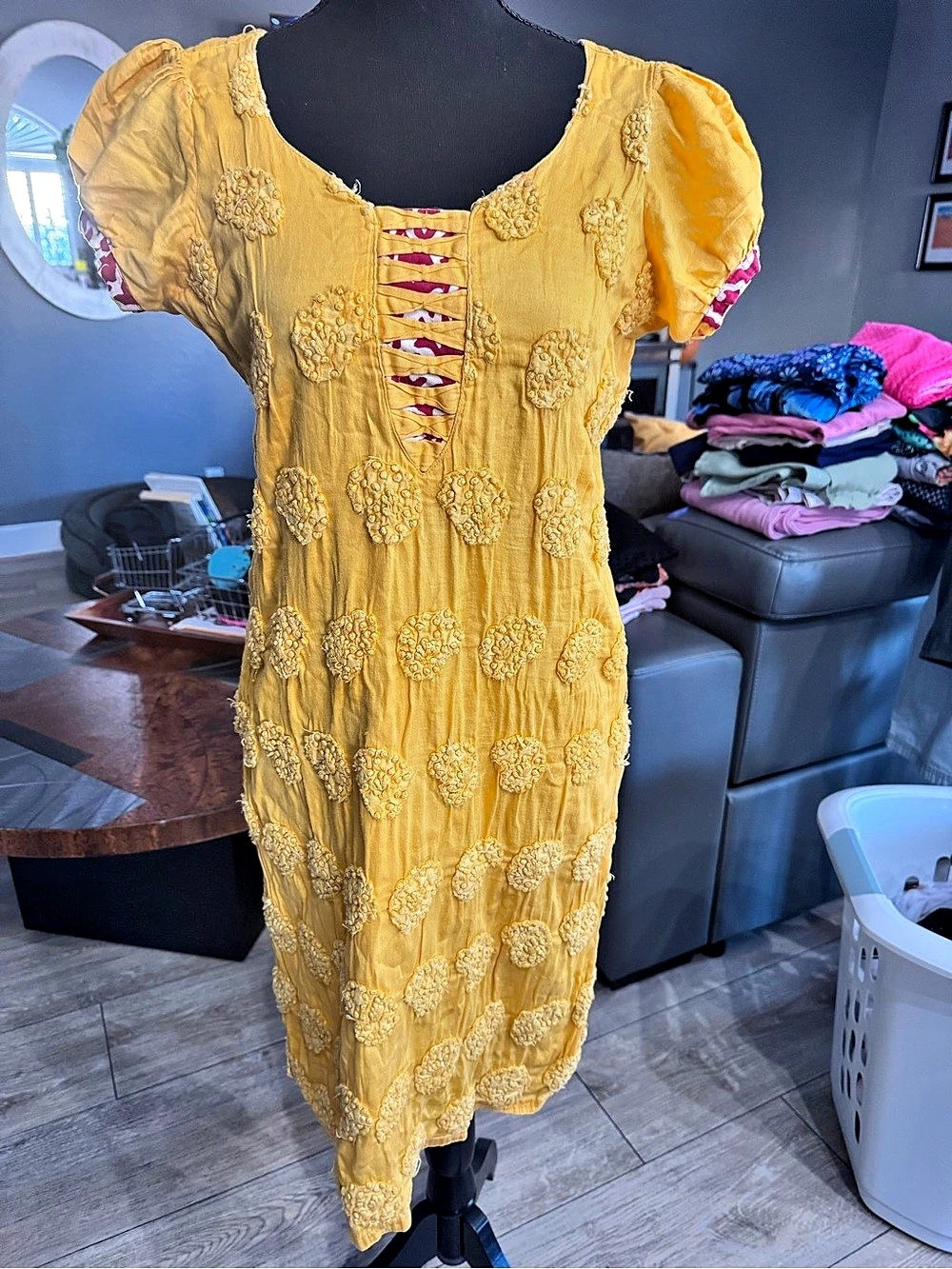 Embroidered Midi Dress in Yellow